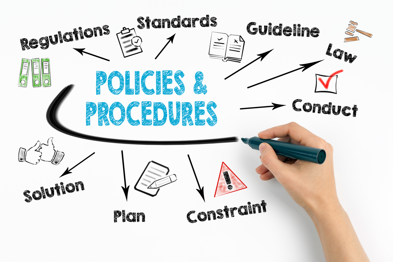 policies and procedures Concept. Chart with keywords and icons on white background